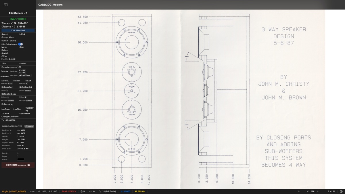 3-Way Speaker Design by John M. Christy and John M. Brown, 5-6-87 — full cabinet drawing with driver cutouts, dimensions, and title block