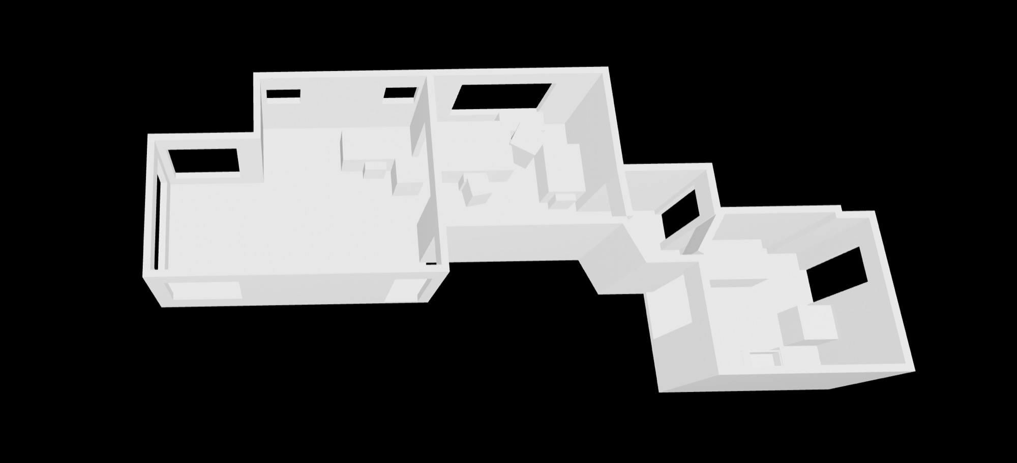 A white 3D model of a four-room apartment captured by the C3 Room Scanner iPhone app, shown floating on a black background: walls with cut window and doorway openings, and simplified boxes where furniture and fixtures stood — the raw scan behind the dimensioned floor plan above