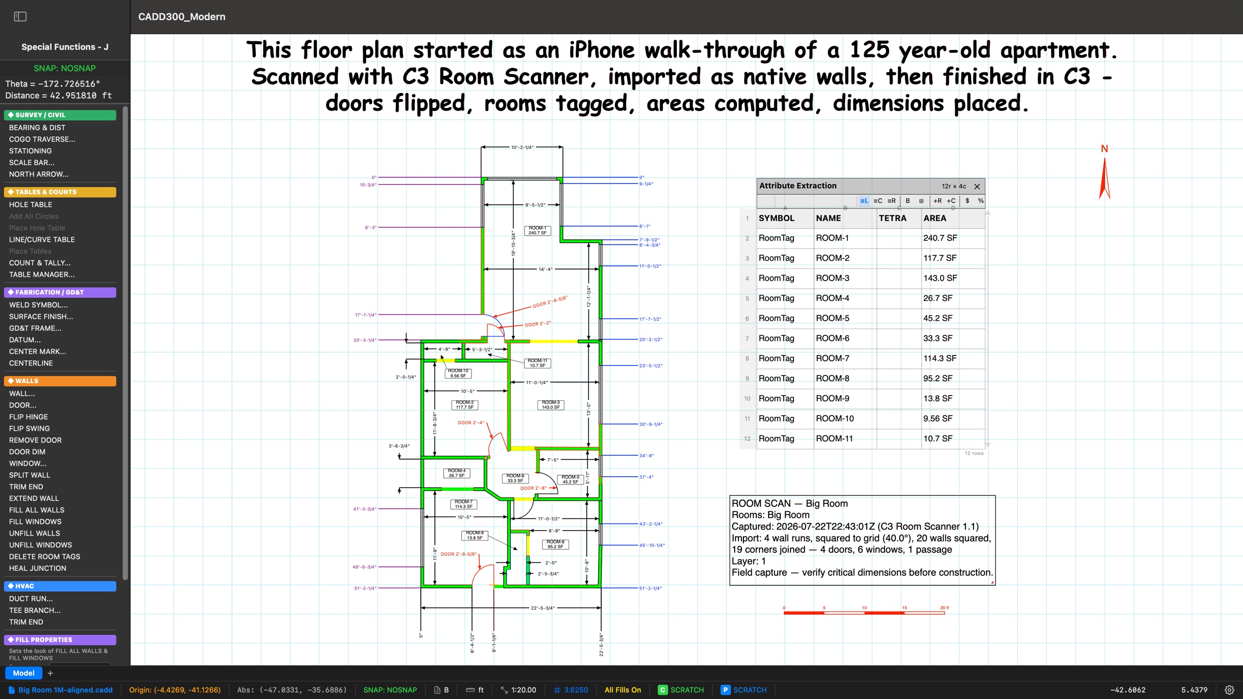 CADD300 Modern showing a fully dimensioned eleven-room apartment floor plan produced from an iPhone scan: green-hatched double-line walls, yellow window glazing, red door-swing callouts reading DOOR 2'-8-5/8", room tags ROOM-1 through ROOM-11 with square footages, datum ordinate dimension stations running down both sides in purple and blue, interior room dimensions, an eleven-row Attribute Extraction room schedule, a room-scan provenance note listing capture date and cleanup report, a north arrow and scale bar, and the Special Functions WALLS menu listing WALL, DOOR, FLIP HINGE, FLIP SWING, REMOVE DOOR, DOOR DIM, WINDOW, SPLIT WALL, TRIM END, EXTEND WALL, FILL ALL WALLS, and HEAL JUNCTION &mdash; headline reading: This floor plan started as an iPhone walk-through of a 125 year-old apartment