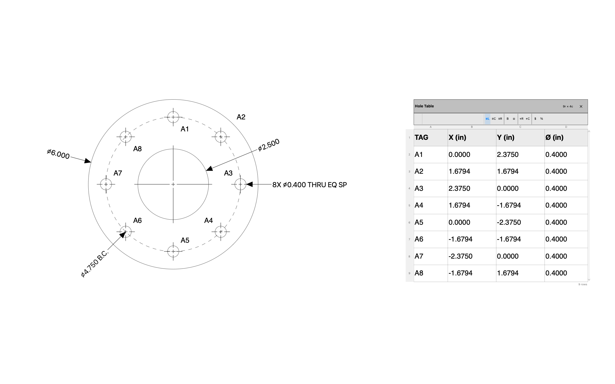 Bolt-circle flange with a hole table — a C3 drawing produced by C3 Assistant
