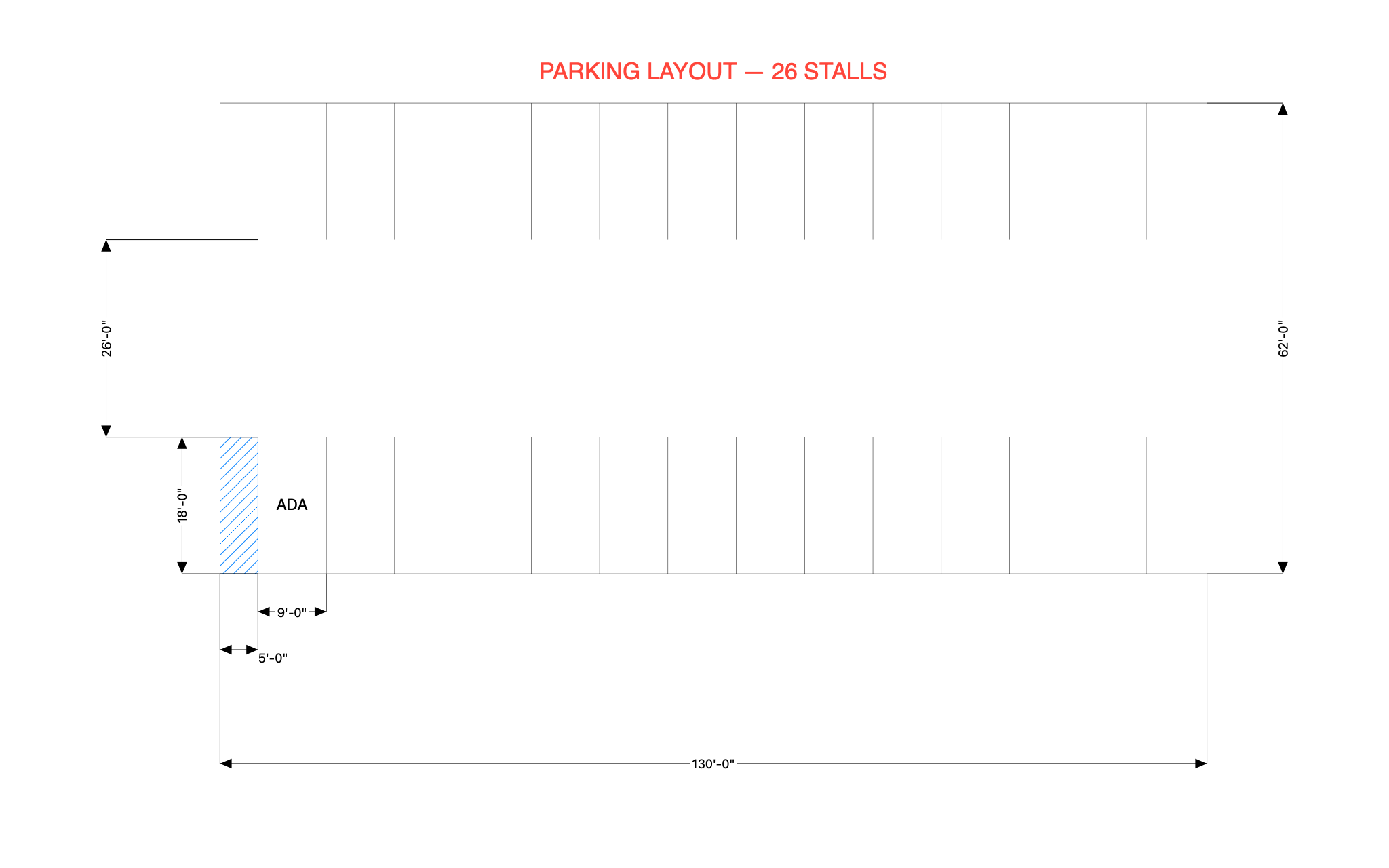 Parking layout, 26 stalls — a C3 drawing produced by C3 Assistant