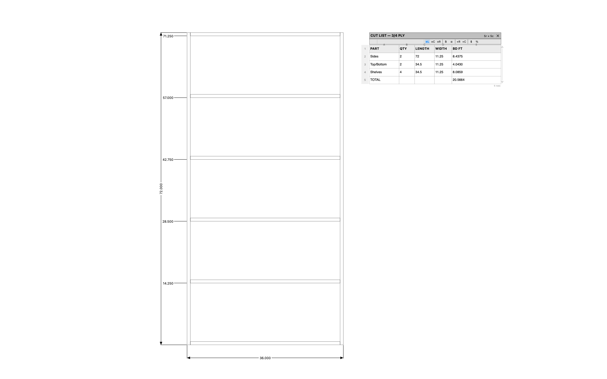 Bookcase with a cut list — a C3 drawing produced by C3 Assistant