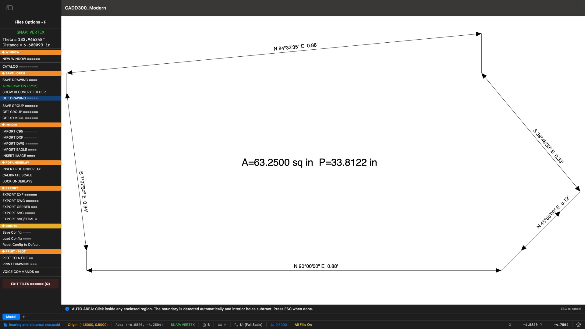 CADD300 Modern Dimension menu with the Bearing & Distance tool selected, and four separate lines each labeled in surveyor notation — N 84°33'35" E with distances in prime feet notation — labels rotated to read along each line
