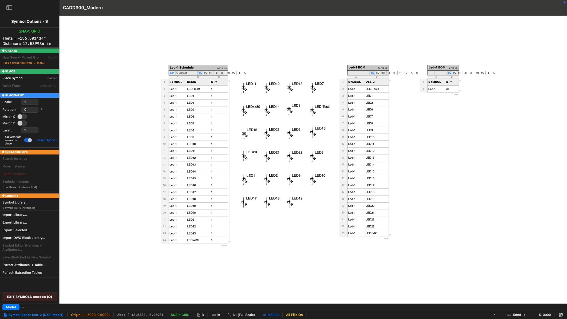 CADD300 Modern with the Symbols menu open showing Extract Attributes to Table and Refresh Extraction Tables, beside three live extraction tables built from 23 labeled LED symbols — a 24-row schedule, a per-designator BOM, and a one-line parts list reading Led-1 quantity 23 — in a drawing round-tripped through DXF import