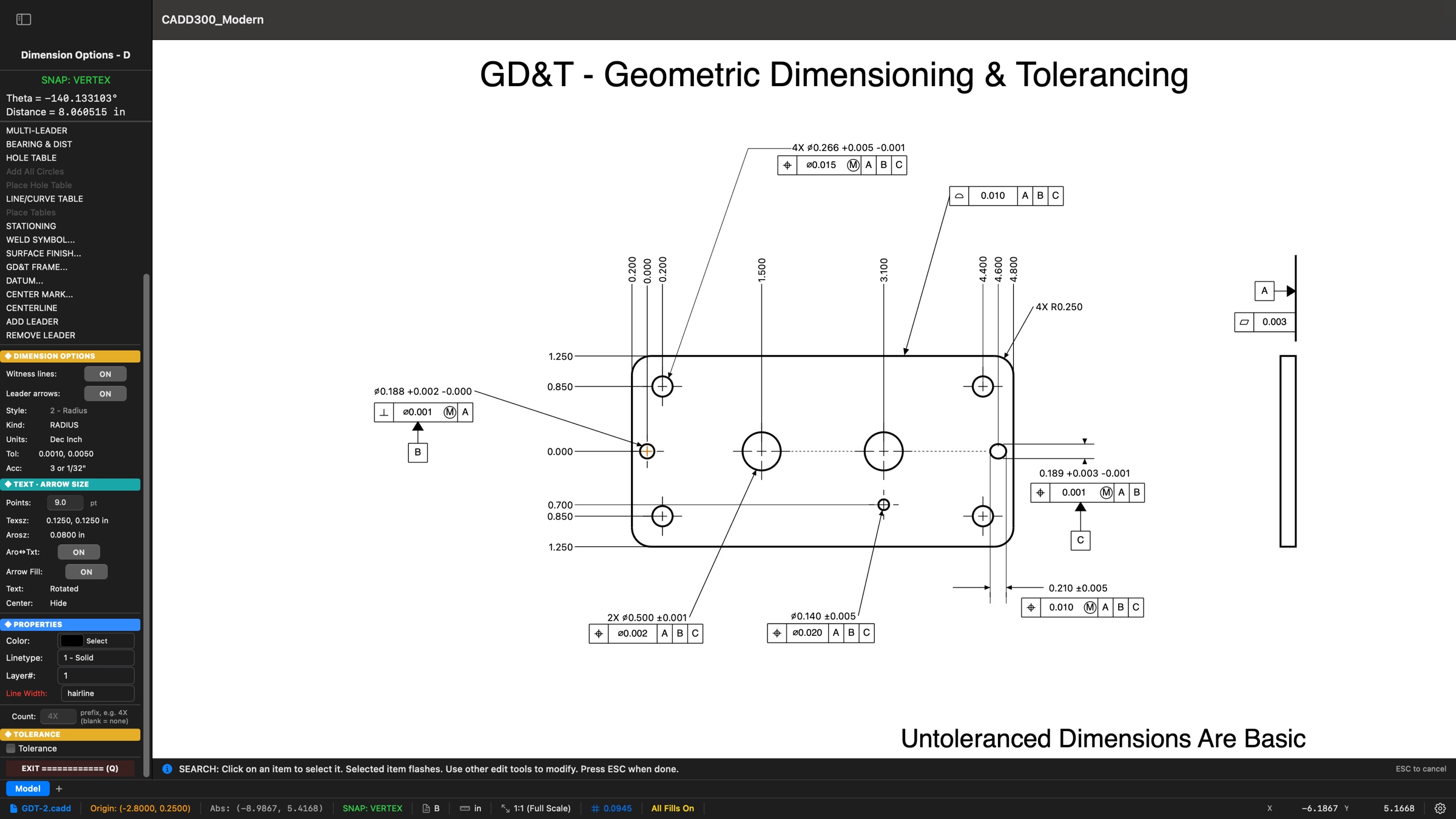 CADD300 Modern showing a complete ASME Y14.5 GD&T drawing of a machined plate: datum features A, B, and C established with filled-triangle datum symbols, seven feature control frames including perpendicularity, position with MMC modifiers, profile of a surface, and flatness, center marks on every hole with a dashed centerline through the hole row, 4X and 2X pattern callouts, ordinate dimensions from the datum origin, and the note Untoleranced Dimensions Are Basic — with the Dimension menu listing GD&T Frame, Datum, Center Mark, and Centerline commands