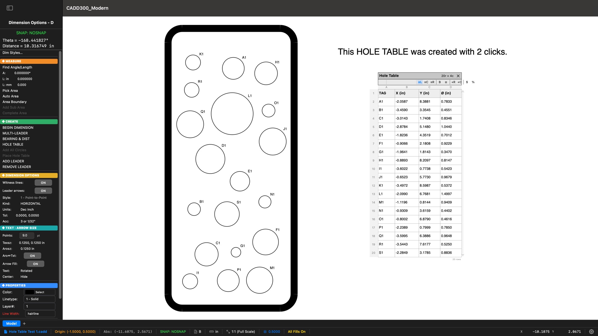 CADD300 Modern showing a machined plate with 19 holes, each tagged A1 through S1, beside a 20-row Hole Table listing every tag's X and Y location and diameter from the part datum — with the drawing's own caption reading: This HOLE TABLE was created with 2 clicks