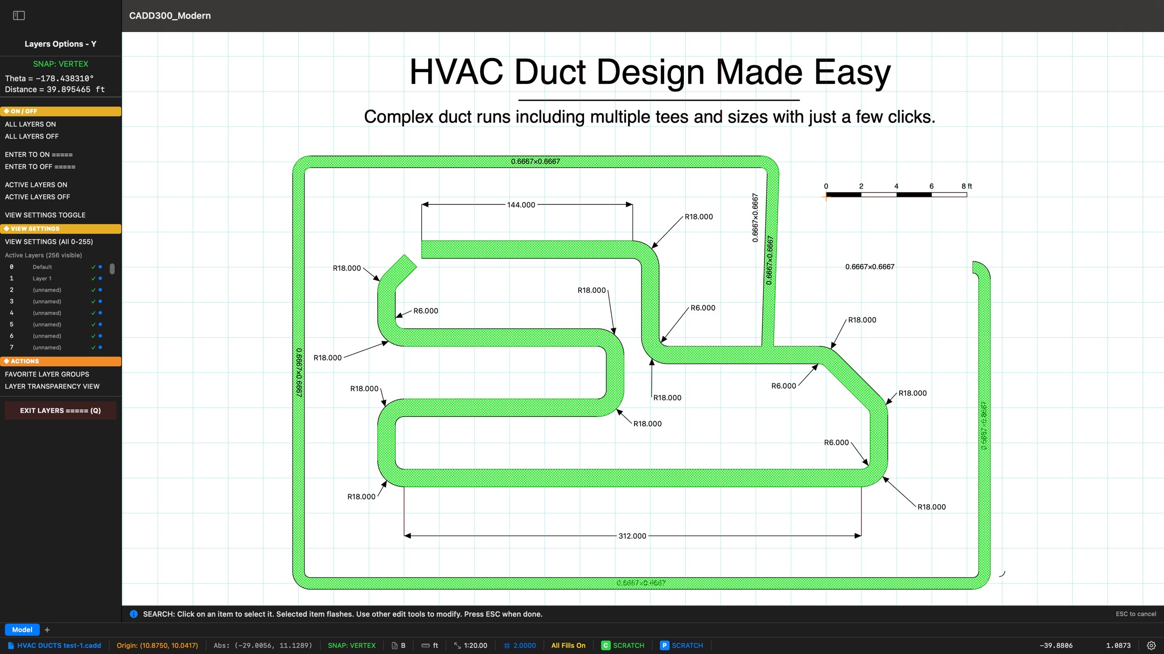 CADD300 Modern showing HVAC Duct Design Made Easy: a branched double-line duct system with a tee junction, radiused elbows dimensioned at exactly R6.000 inner and R18.000 outer, 0.6667-foot size labels riding every run, green cross-hatch fill flowing through the open tee, a scale bar in feet, and the 256-layer Layers menu open