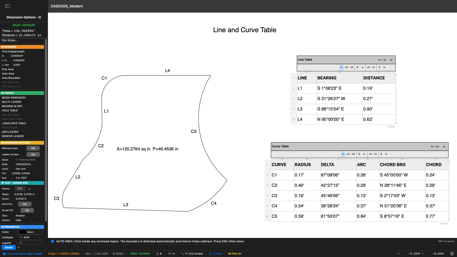CADD300 Modern showing an irregular parcel whose boundary mixes four lines tagged L1 through L4 and five arcs tagged C1 through C5, with an Auto Area measurement at its center, beside a Line Table of bearings and distances and a Curve Table of radius, delta, arc length, chord bearing, and chord per curve