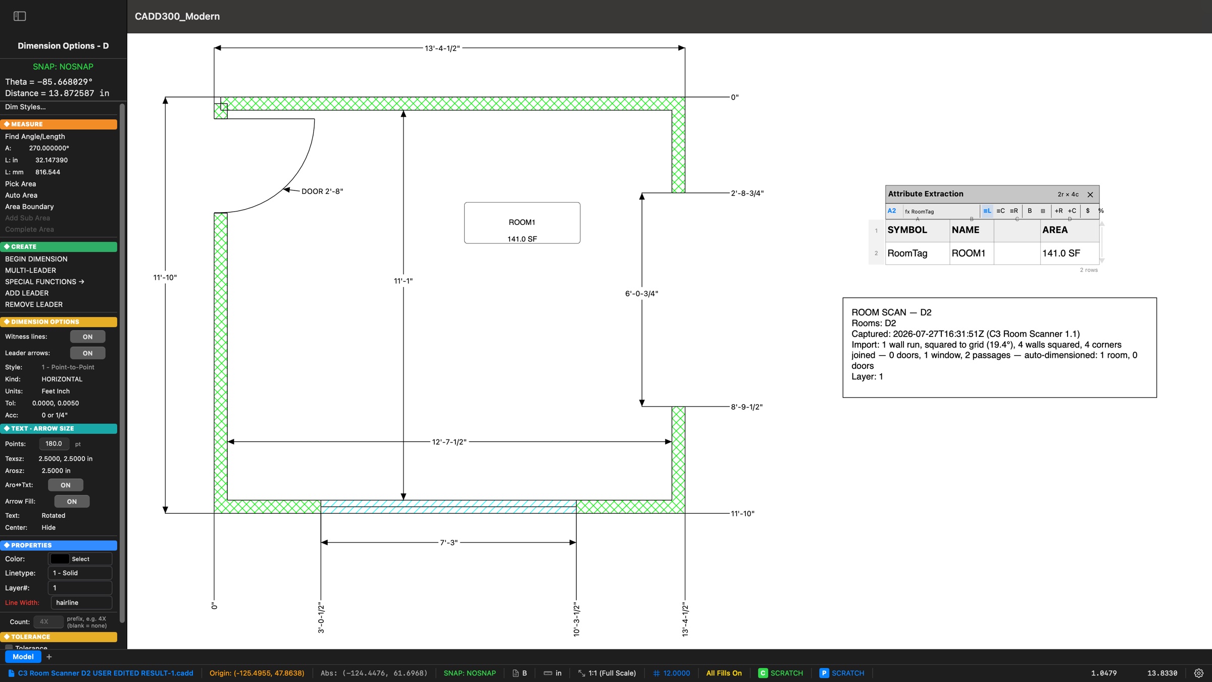 The same office plan finished in CADD300 Modern: green cross-hatched wall fills, cyan window glazing, a DOOR 2'-8" swing callout, a ROOM1 tag reading 141.0 SF, datum ordinate dimensions running along the bottom and right from a shared corner, interior clear dimensions, an Attribute Extraction table listing the room tag and area, and the Dimension Options menu open at the Measure section