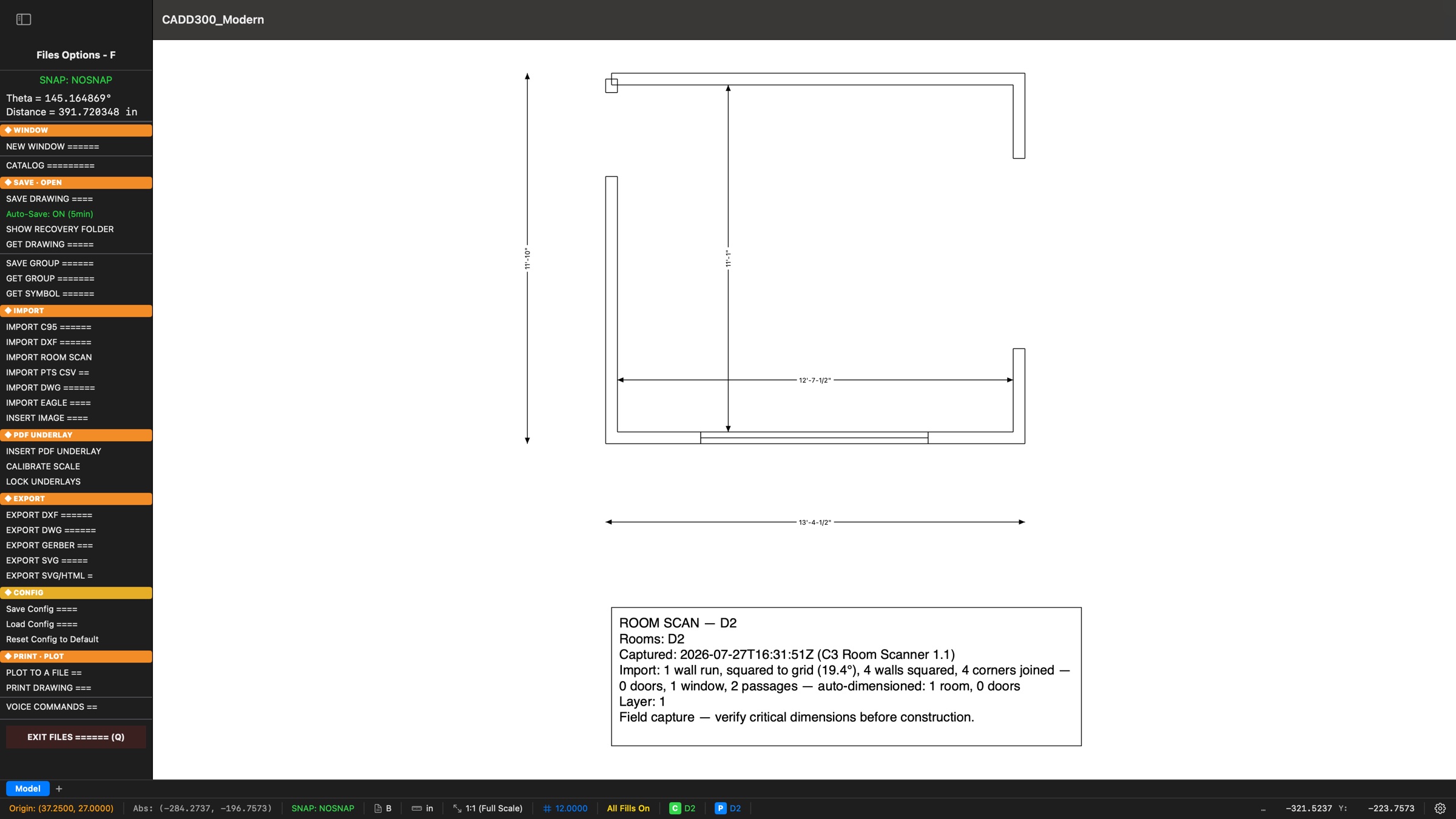 The CADD300 Modern application window the moment a single-office iPhone scan finished importing: the Files Options menu open at IMPORT ROOM SCAN, a squared floor plan with double-line walls, a window, two passages, feet-and-inches dimensions 11'-10" by 13'-4-1/2", and a provenance note reading squared to grid 19.4 degrees, 4 walls squared, 4 corners joined, auto-dimensioned 1 room