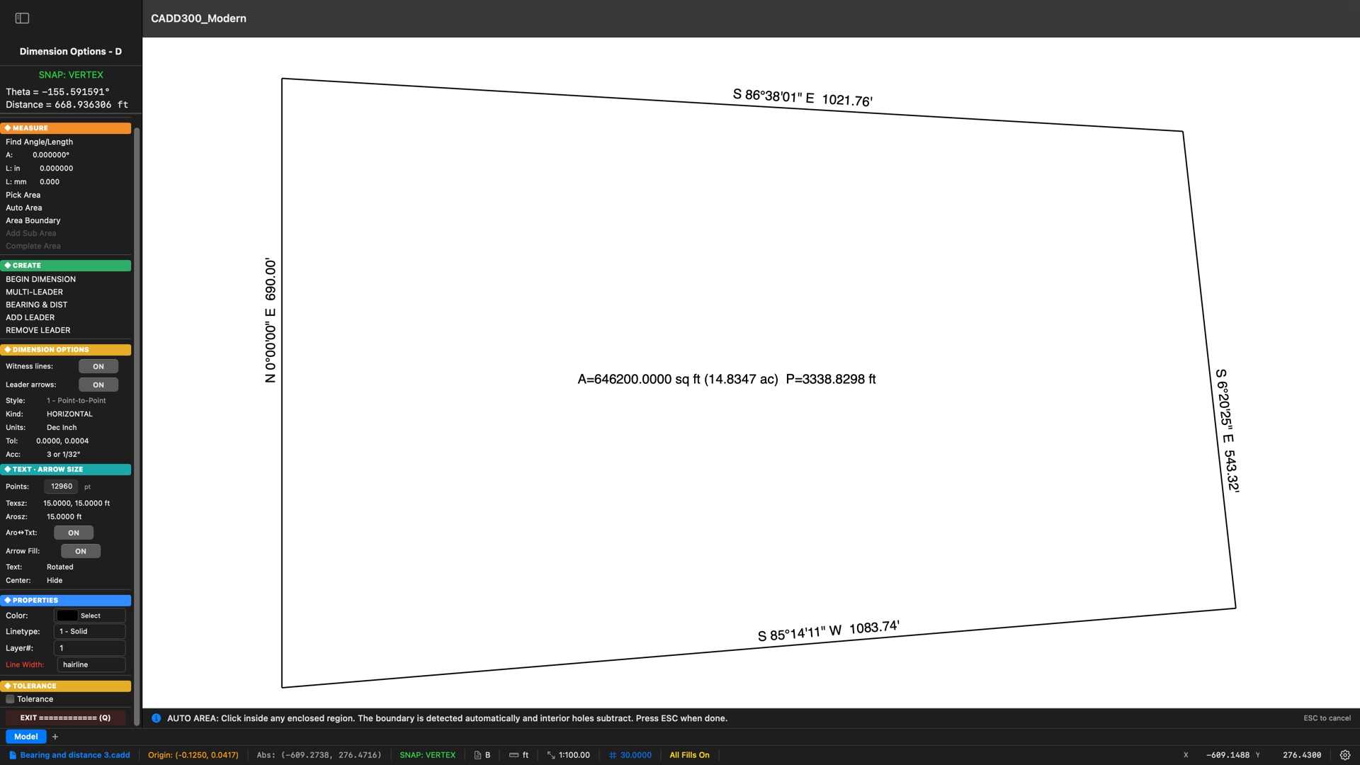 CADD300 Modern showing a four-course parcel drawn in feet at 1:100 scale, each boundary labeled with surveyor bearings and distances, and a centered area label reading A=646200 sq ft (14.8347 ac) P=3338.83 ft produced by Auto Area boundary detection