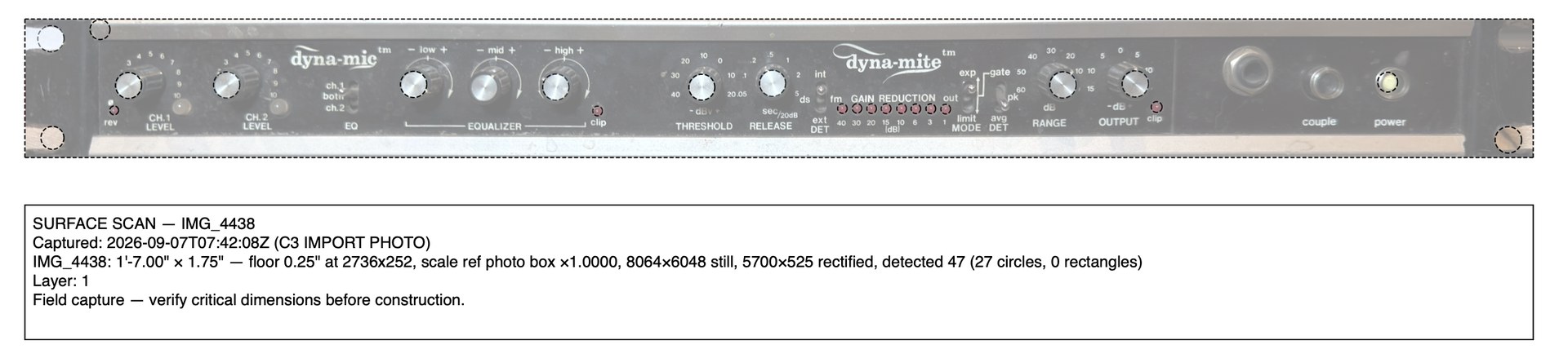 A 19-inch rack-mount compressor front panel imported into CADD300 Modern from a single iPhone photo with Shot-to-Scale: the photo straightened to true scale as a faded underlay, dashed CAD circles landed on every knob, the quarter-inch jack, the buttons, the rack-ear slots and the row of eight red gain-reduction LEDs, and a provenance note reading SURFACE SCAN — IMG_4438, 1'-7.00 by 1.75 inches, 8064 by 6048 still, 5700 by 525 rectified, 27 circles detected