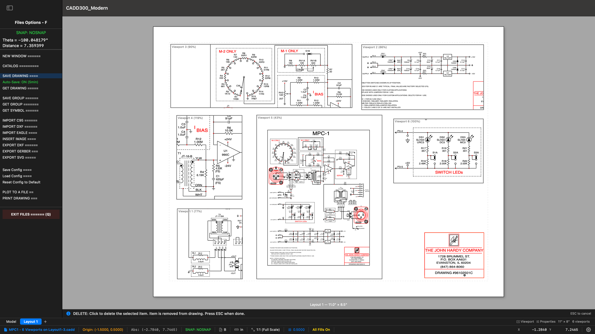 C3 Layout/Paperspace showing six viewports of the MPC-1 schematic at different scales on a single 11x8.5 inch sheet, with the Files menu showing Auto-Save enabled and Layout 1 tab active