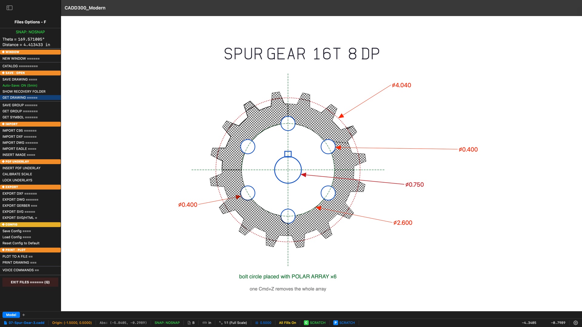 CADD300 Modern 16-tooth spur gear with cross-hatched teeth, dashed pitch circle, keyed bore, six-hole bolt circle, and red diameter callouts, beside the Files Options menu with Auto-Save on