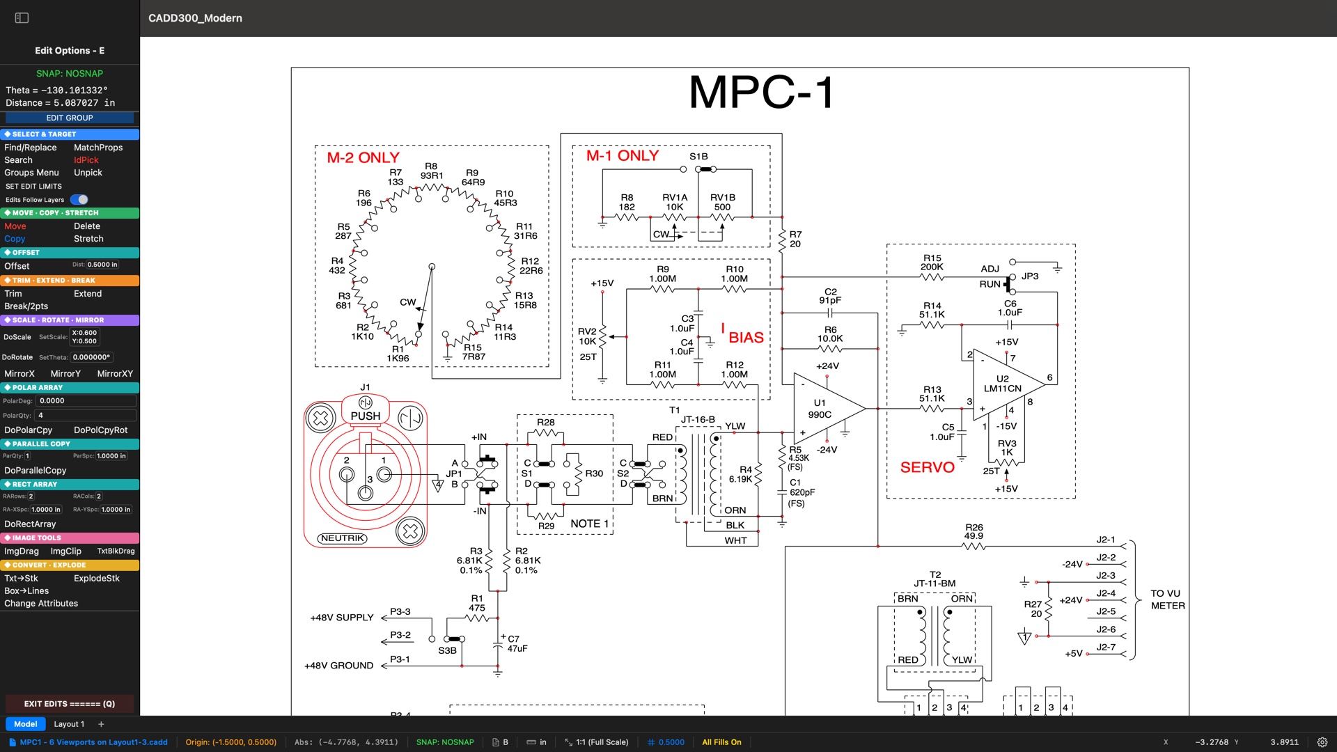 CADD300 Modern editing the John Hardy MPC-1 microphone preamp schematic, with the color-coded Edit Options menu showing Select, Move/Copy, Offset, Trim, Scale/Rotate/Mirror, Polar Array, and Image Tools sections
