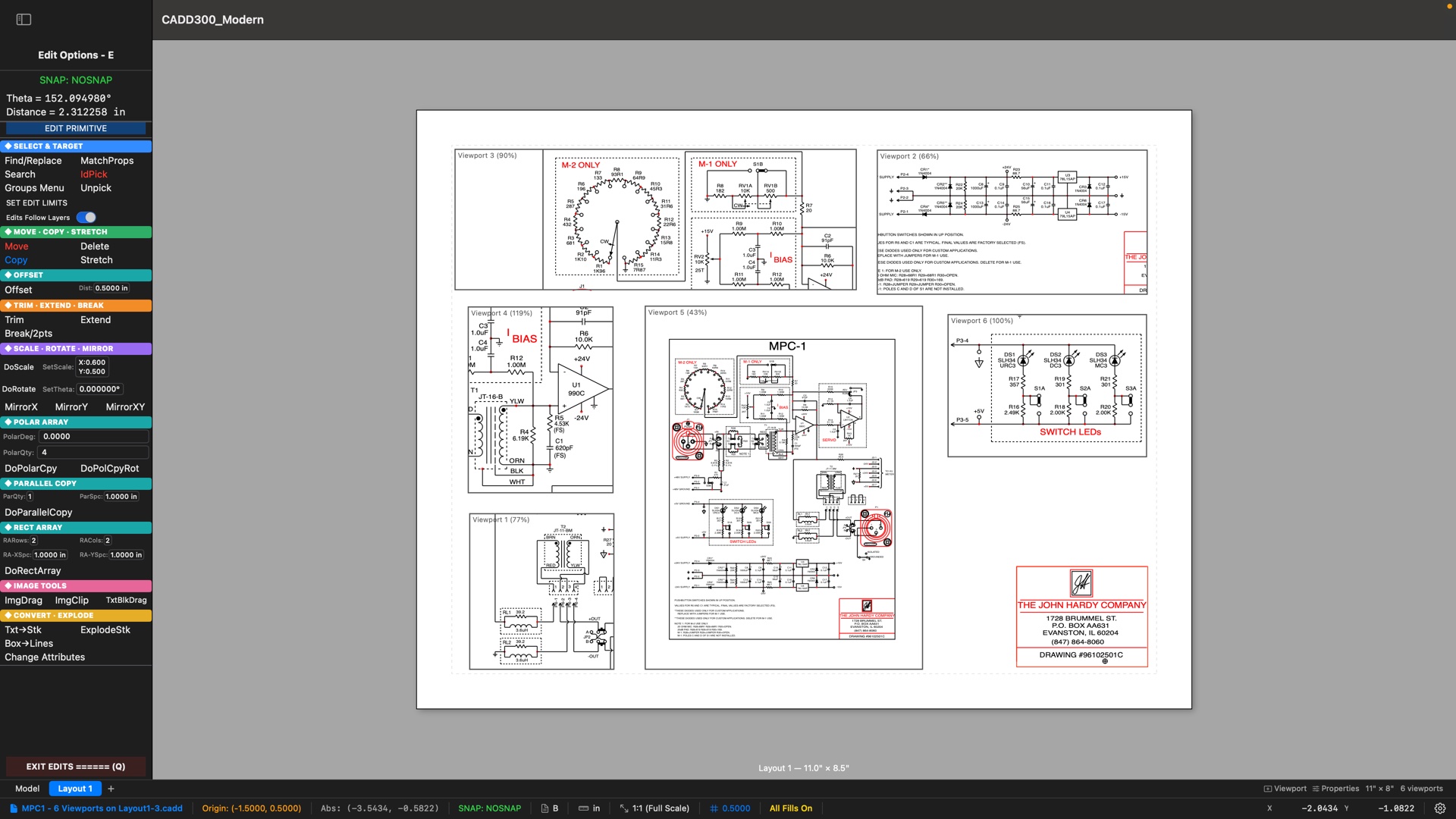 CADD300 Modern Layout/Paperspace showing six viewports of the MPC-1 schematic at different scales on a single 11x8.5 inch sheet