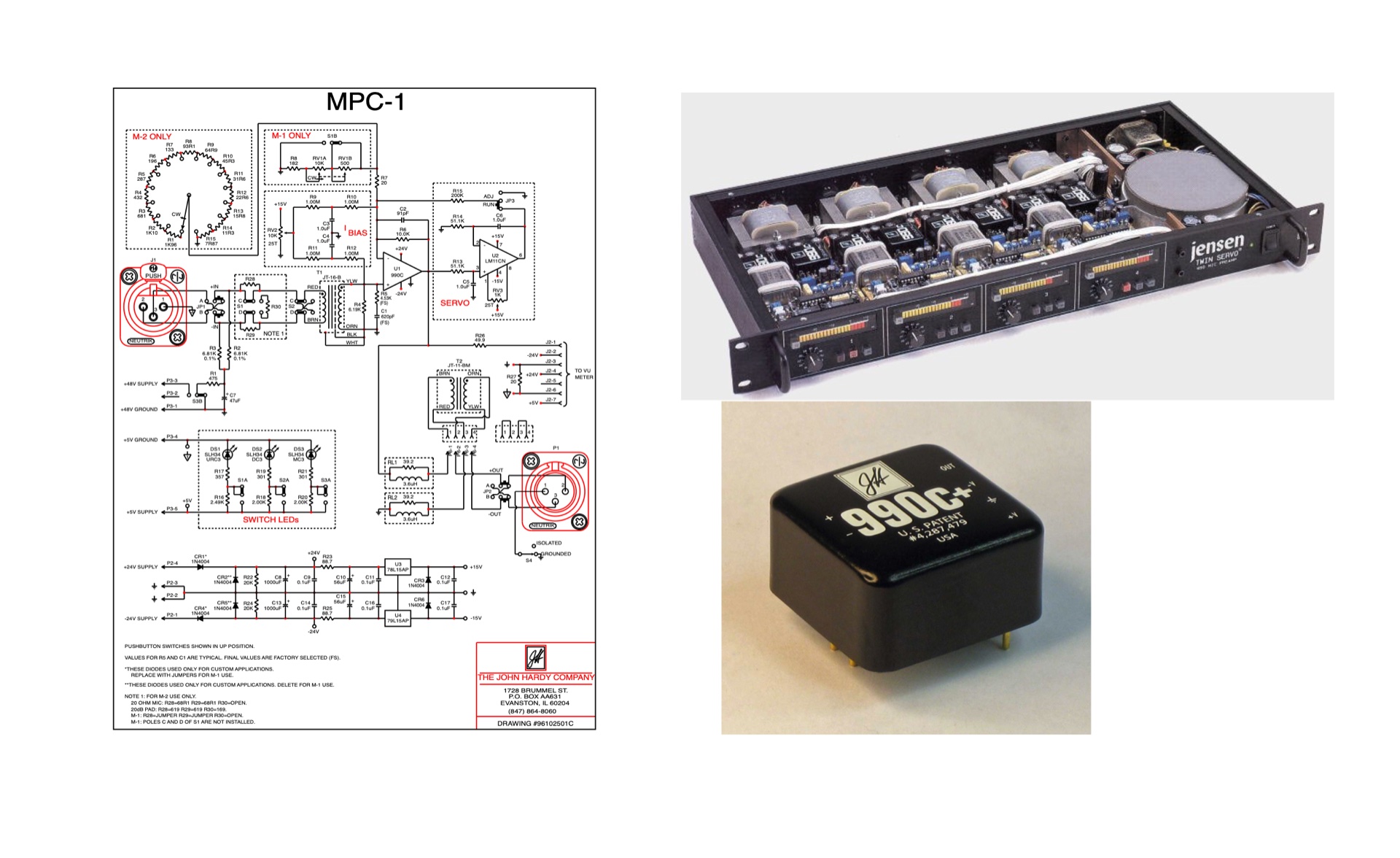CADD300 Modern canvas holding the MPC-1 schematic beside photographs of the Jensen Twin Servo preamp and the John Hardy 990C op-amp module, all embedded as images in one drawing