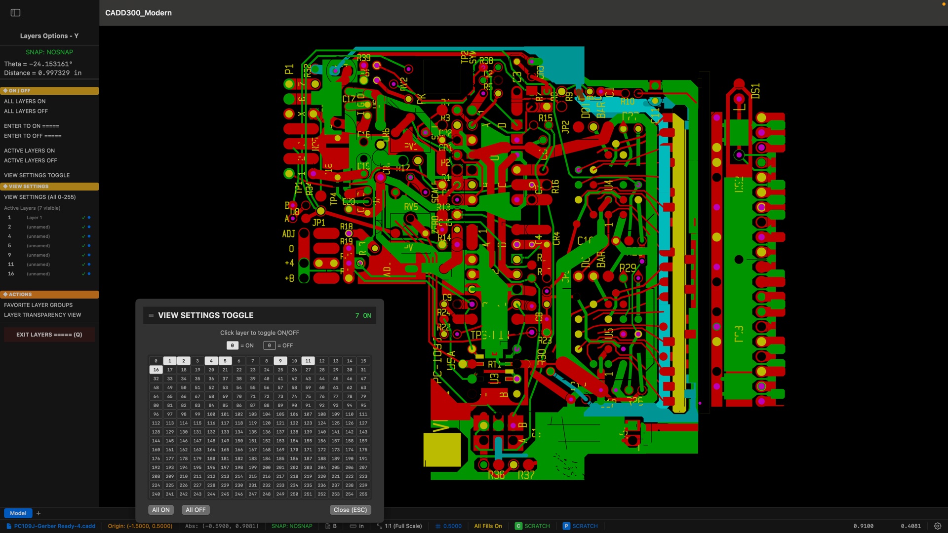 CADD300 Modern multi-layer PCB on a dark canvas with the Layers Options menu and the 256-layer View Settings Toggle grid, showing copper, silkscreen, and drill layers in full color