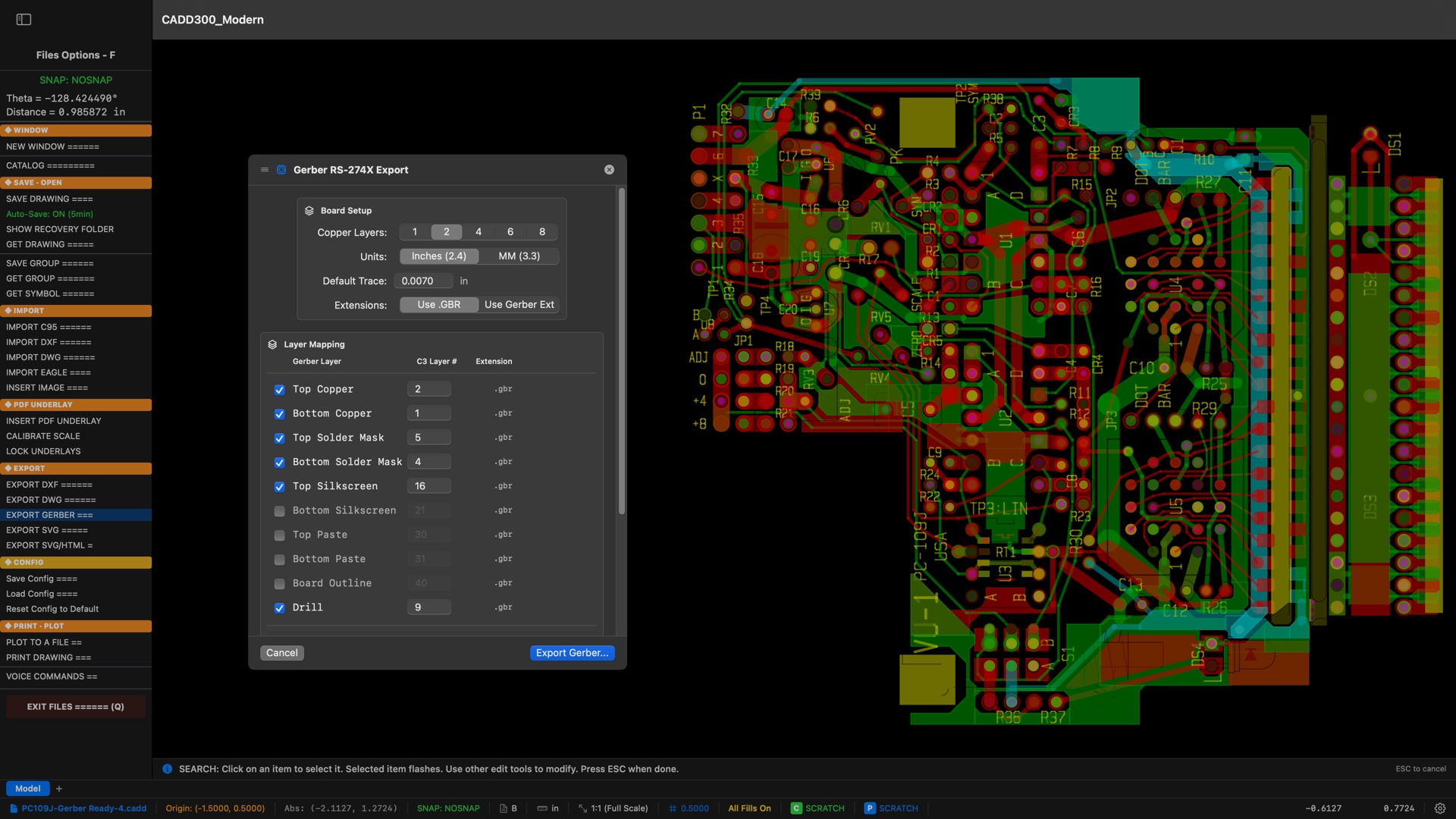 CADD300 Modern Gerber RS-274X Export dialog over a multi-layer PCB — Board Setup with copper layer count and units, and the Layer Mapping table pairing Gerber layers with C3 layer numbers