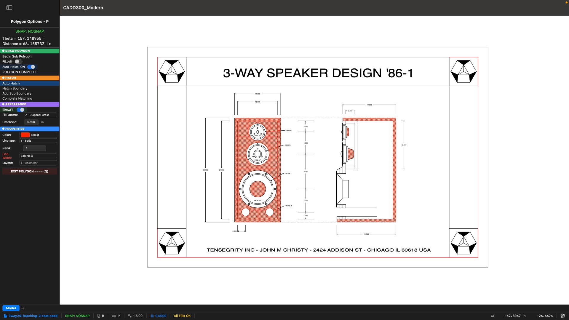 A 1986 CADD/300 drawing — 3-Way Speaker Design 86-1 by Tensegrity Inc, Chicago — reopened in CADD300 Modern with fresh diagonal-cross hatching applied via the Polygon menu