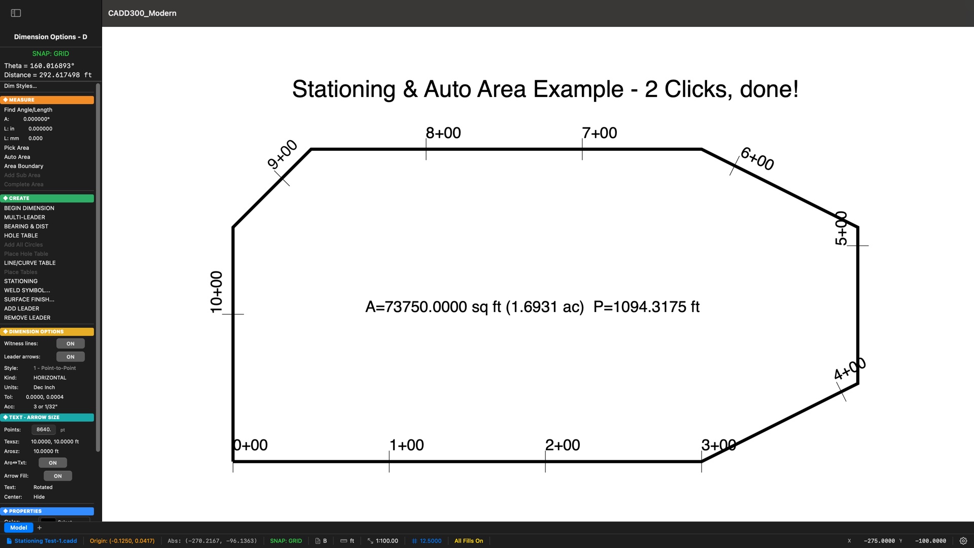 CADD300 Modern showing a closed site boundary drawn as one polyline, stationed 0+00 through 10+00 with tick marks and labels riding the path around every corner, and an Auto Area measurement at its center reading A=73750 sq ft (1.6931 ac) P=1094.32 ft — with the Dimension menu listing the civil toolkit: Bearing & Distance, Hole Table, Line/Curve Table, Stationing, Weld Symbol, Surface Finish